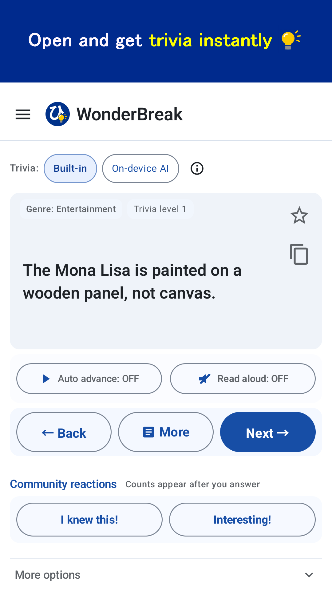 Main trivia screen
