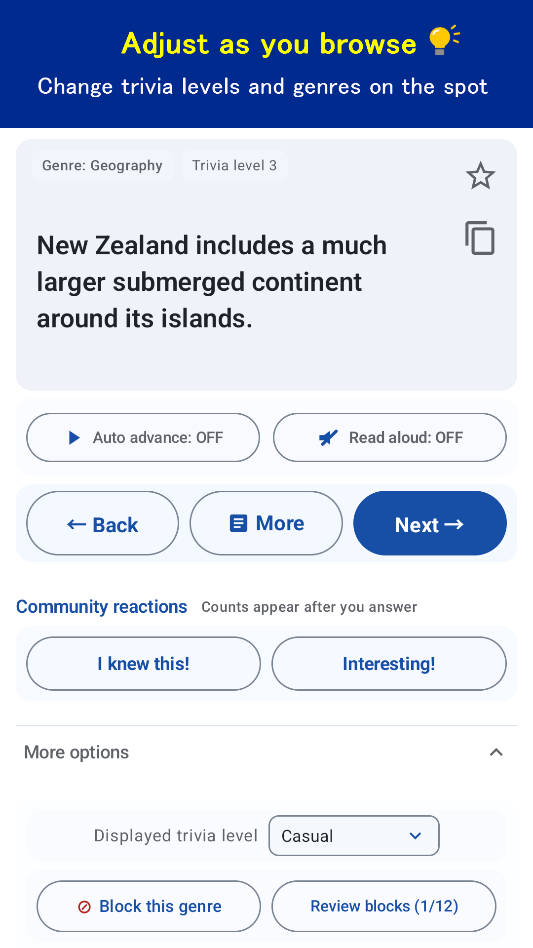 Adjusting trivia level and genres